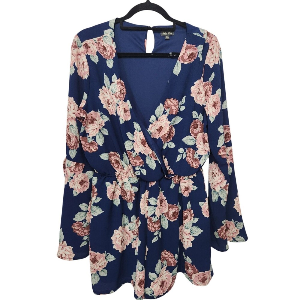Lily Rose Women Navy Blue Floral Crossover Romper Jumpsuit XL Bell Sleeve BOHO